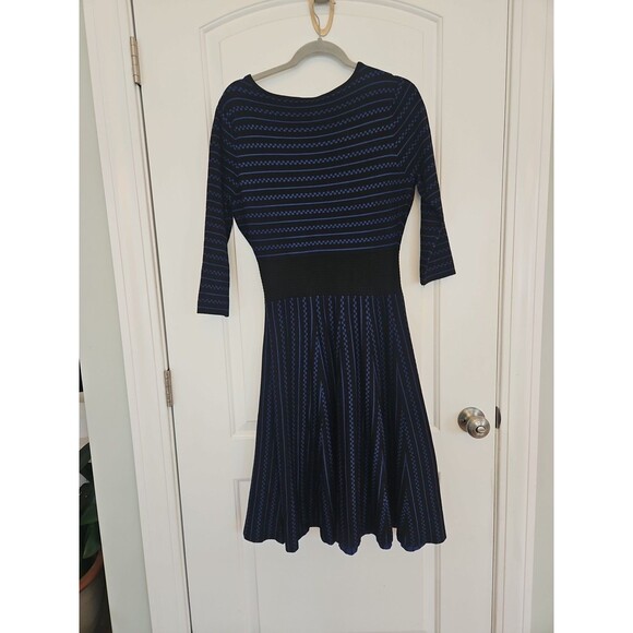 Gabby Skye Black & Royal Blue Check Geometric Sweater Dress LARGE, Flared Skirt - Picture 7 of 11